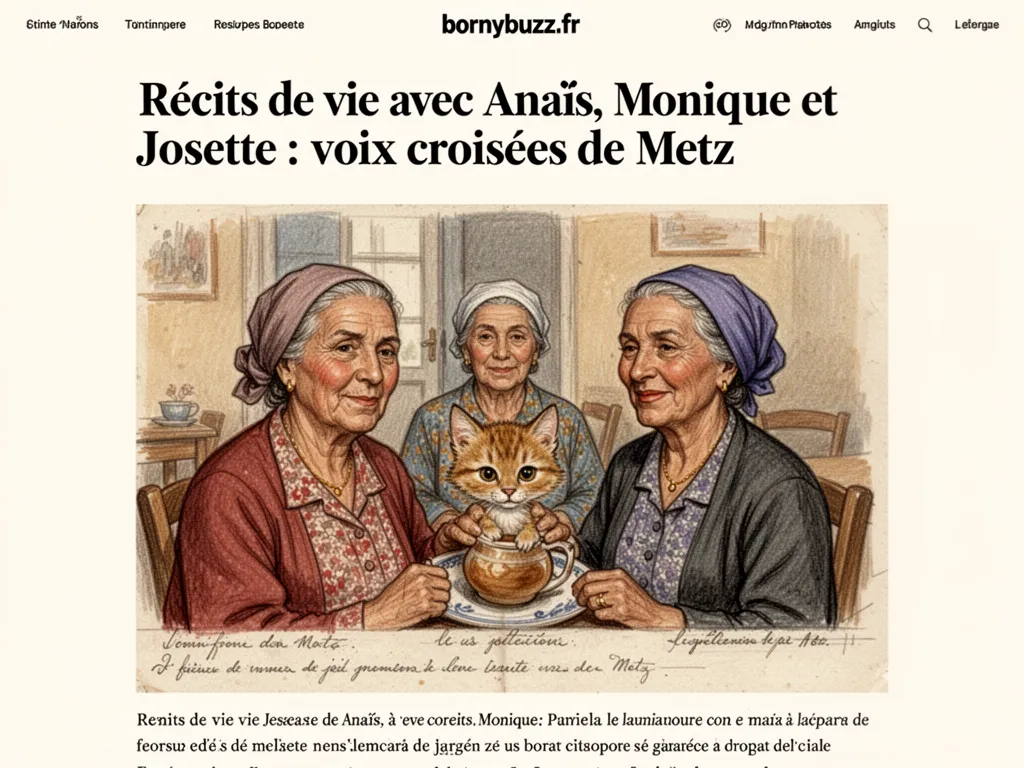 Trois femmes âgées assises dans le salon commun d'une résidence, autour d'une table basse avec un enregistreur, des micros